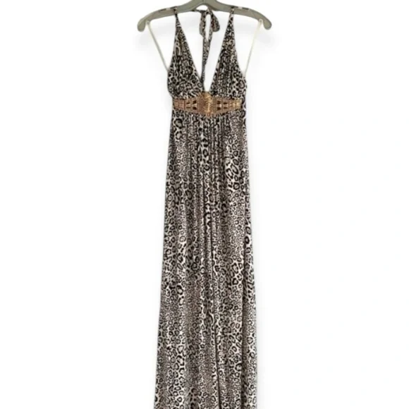 Sky Leopard Print Rhinestone Beaded Maxi Dress XS Halter Open Back Glam Y2K NWT - Picture 5 of 16
